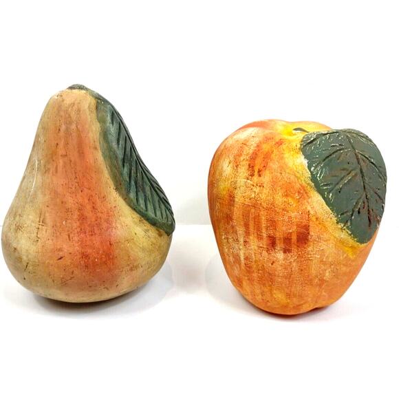 Chalked Ceramic Fruit Pair Apple and Pear Leaf Shelf Decor 6.5" Farmhouse - Picture 2 of 11